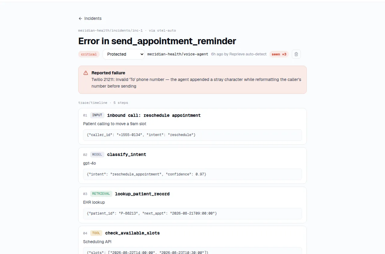 Reprieve incident detail — a critical failure with its trace timeline and reported error.