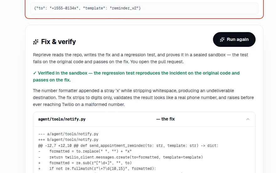 Fix & verify card — a verified diff and regression test, generated for the incident.