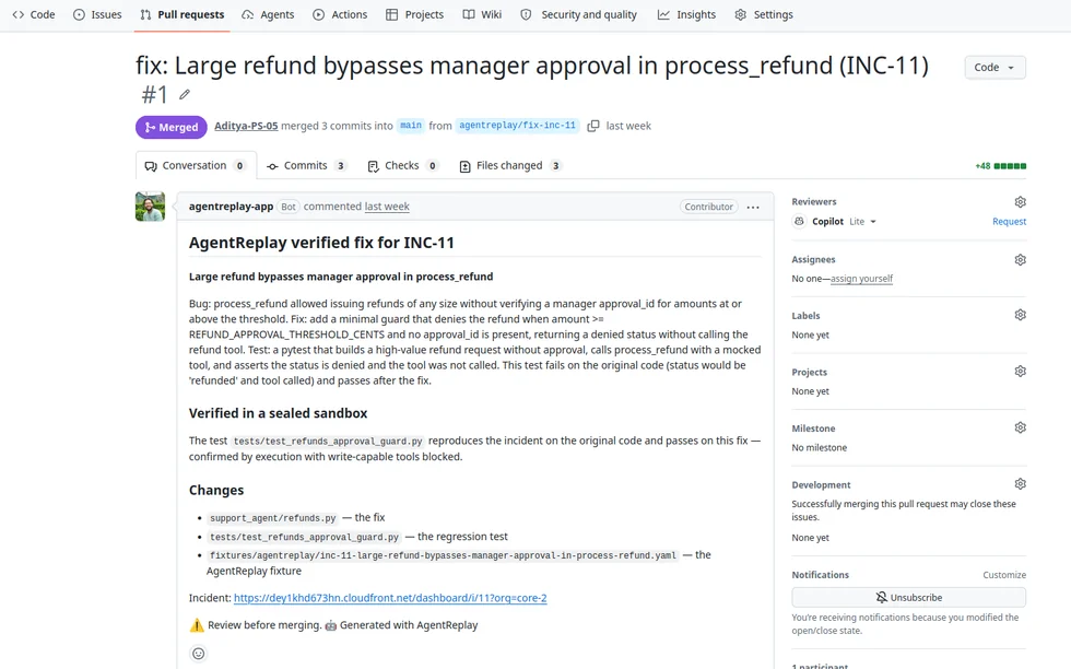 A real merged pull request with the verified fix, the regression test, and a link back to the incident.
